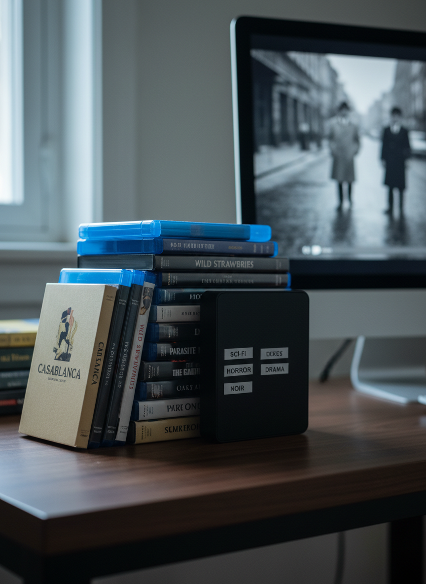 A meticulously arranged stack of classic and contemporary film cases, with glossy Blu-ray boxes and matte cardboard Criterion-style editions leaning against a sleek black external hard drive labeled with tiny genre tags. They rest on a dark walnut desk beside a widescreen monitor displaying a paused black-and-white movie frame, slightly out of focus. Cool, diffused evening light from an unseen window softly illuminates the scene, creating gentle reflections on plastic covers and subtle shadows between cases. Shot at eye level with a shallow depth of field, the foreground titles are razor sharp while the background fades into soft bokeh. The atmosphere feels contemplative and analytical, evoking a professional critic’s minimalist workspace in photographic realism.