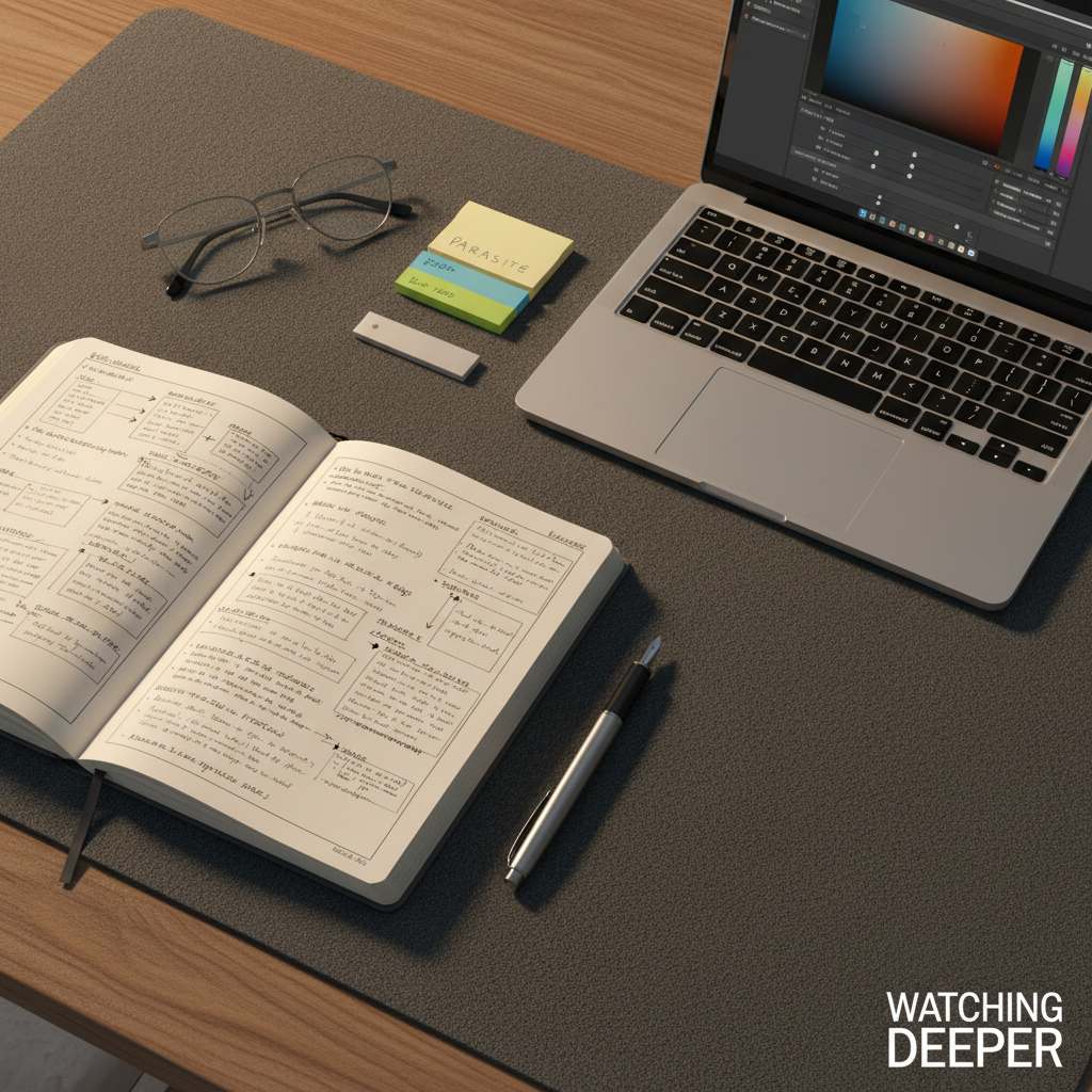 An open hardcover notebook filled with neatly handwritten film notes, boxes and arrows analyzing shots and themes, lies on a charcoal grey felt desk mat. Beside it, a fine-tip black pen, a pair of silver-rimmed reading glasses folded closed, and a small stack of color-coded sticky notes marked with film titles surround a slim laptop displaying a paused color grading interface. Overhead warm desk lighting casts clear, directional illumination, creating crisp shadows along the notebook’s spine and a soft glow on the laptop’s metallic surface. Captured from a slightly elevated three-quarter angle in photographic realism, the composition follows the rule of thirds, giving room for negative space that feels precise, calm, and rigorously professional, embodying the idea of “watching deeper.”