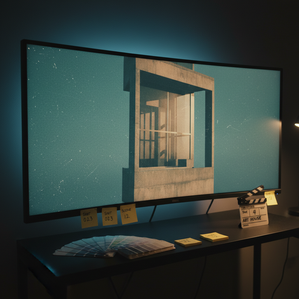 A large ultra-widescreen monitor fills the frame, displaying a frozen mid-shot from an art-house film: muted teal and amber tones, heavy grain, and meticulously composed architecture without showing any characters. Around the monitor’s slim black bezel, color swatch cards, small sticky notes with shot numbers, and a miniature clapperboard rest on a matte black shelf. Subtle LED backlighting in cool blue gently halos the screen against a dark charcoal wall. The room is otherwise dim, with only the monitor’s glow and a faint desk lamp off-frame creating a cinematic, low-key ambiance. Shot from a slightly low angle with sharp focus throughout, the scene feels like a professional colorist’s station, emphasizing critical observation and detailed cinematic analysis in clean, photographic realism.